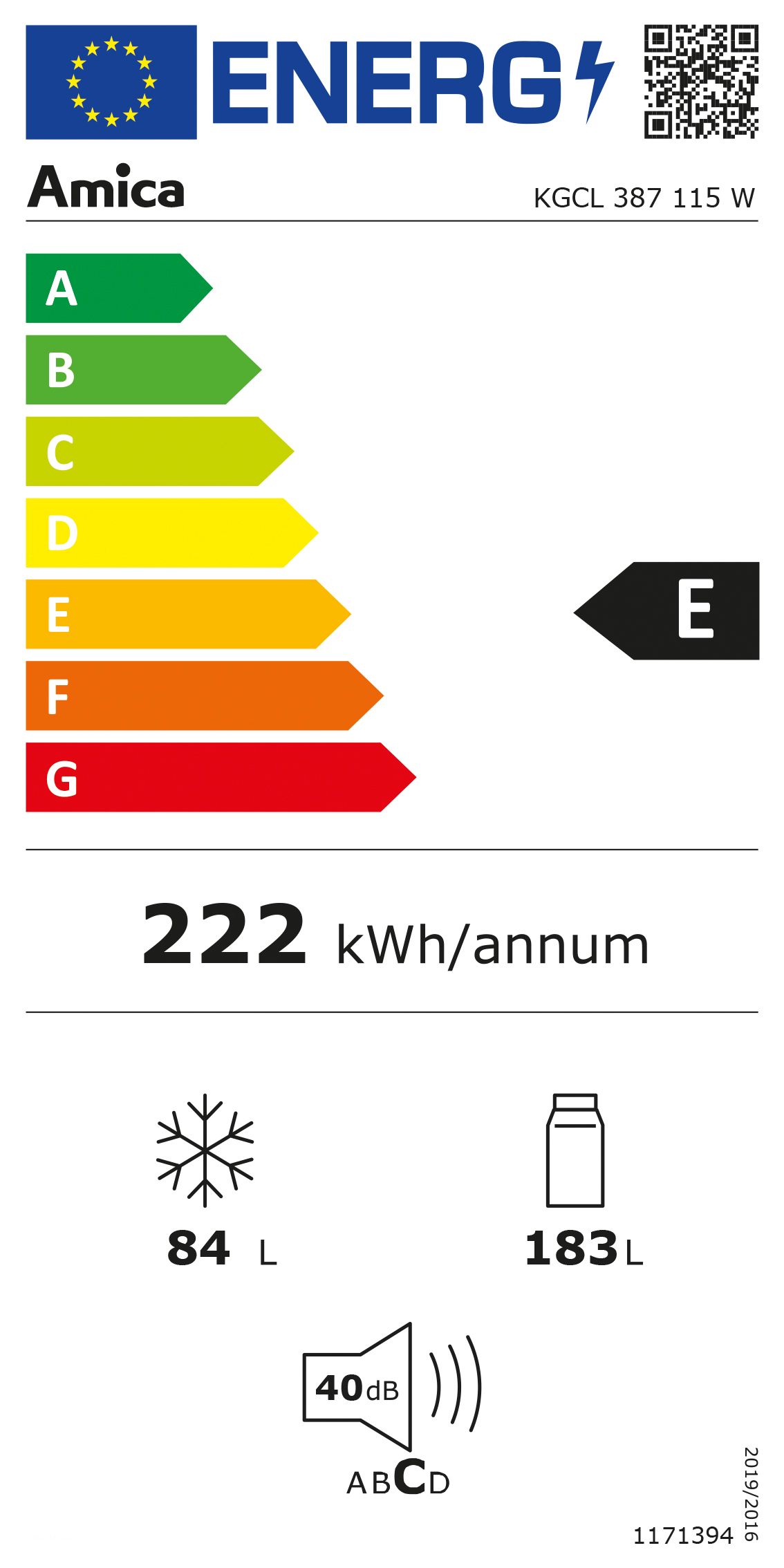 Kühl-/Gefrierkombi Stand E ws 184/84l 202kwh 1700x540x595mm