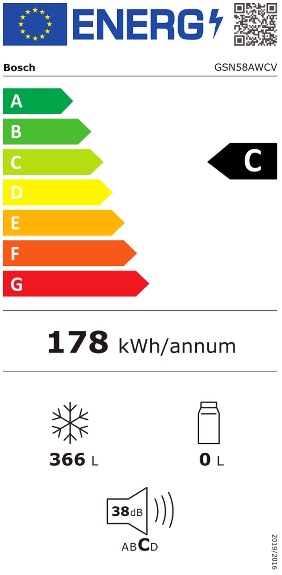 Gefrierschrank 366l C 178kwh 38dB ws NoFrost B700xH1910mm Warnsignal: