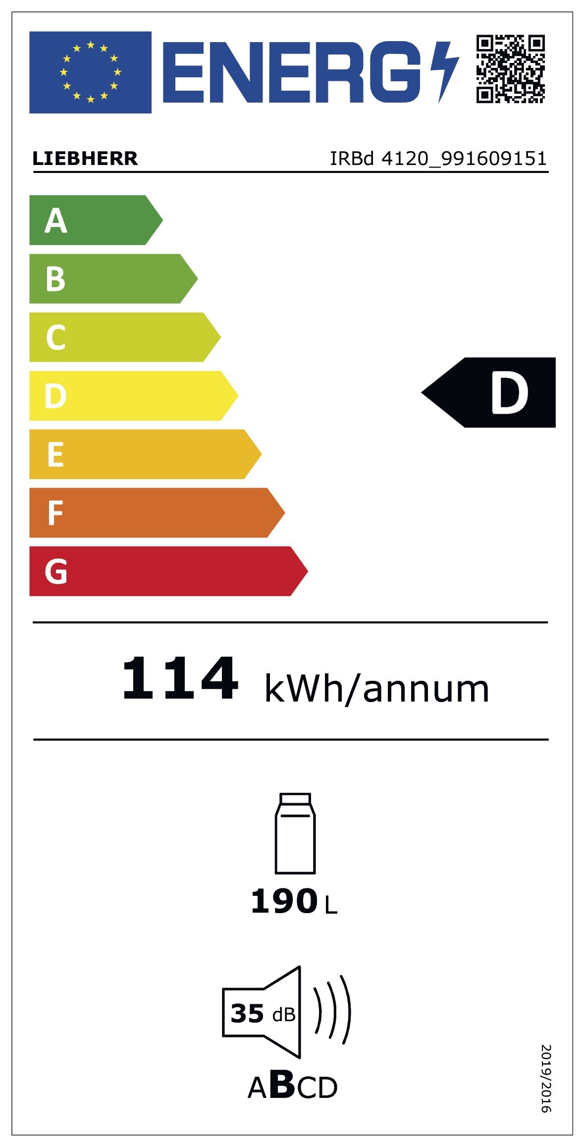Kühlschrank EB D 189l N1220mm integr ws fest 114kwh B559mm H1218mm