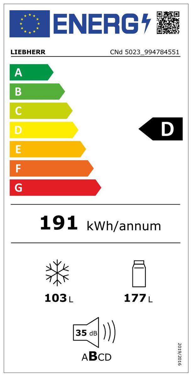 Kühl-/Gefrierkombi Stand D ws 177/103l 191kwh 1655x597x675mm NoFrost