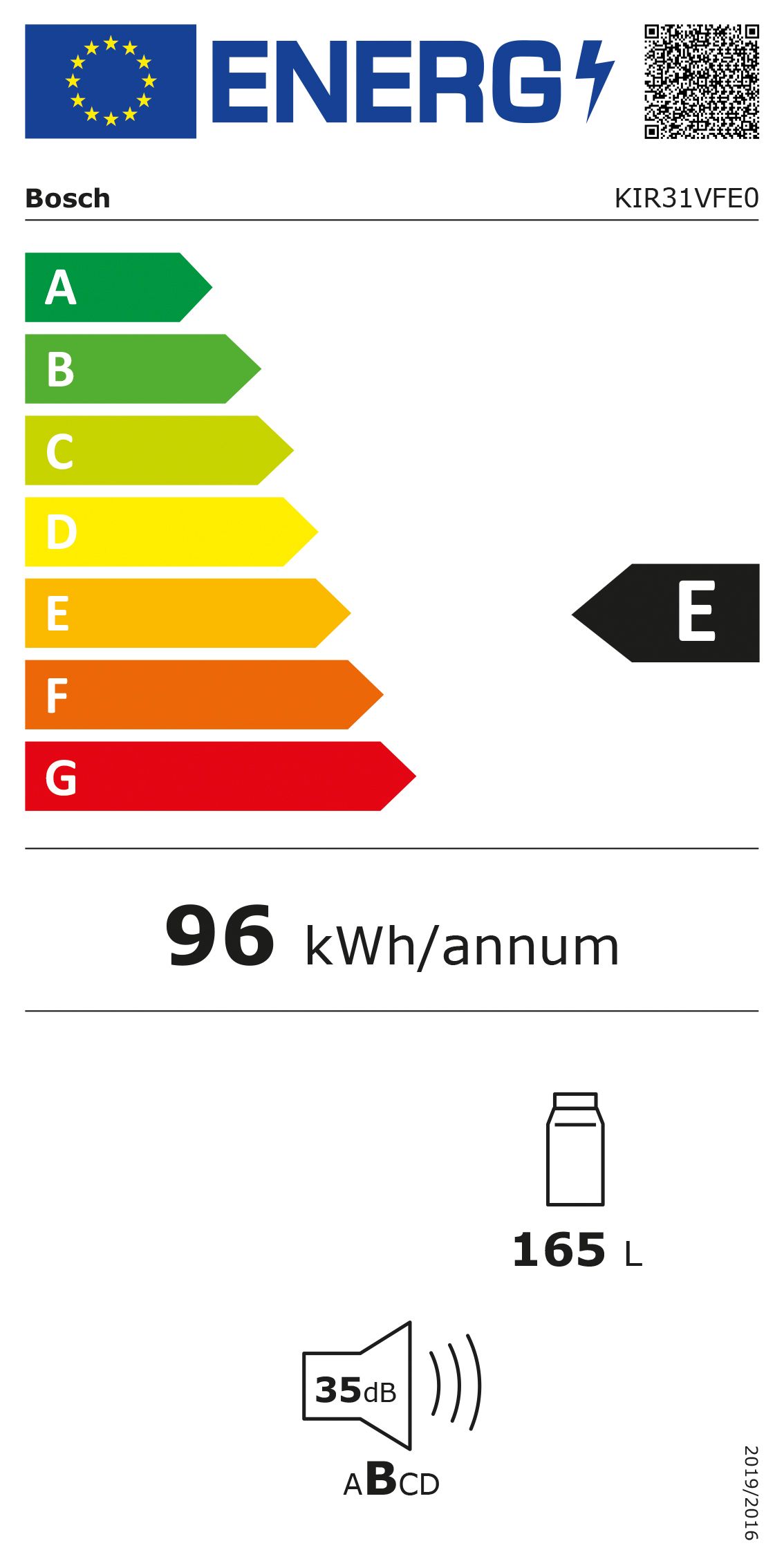 Kühlschrank EB E 165l N1025mm integr ws Dekor mit Zubehör möglich fest 96kwh
