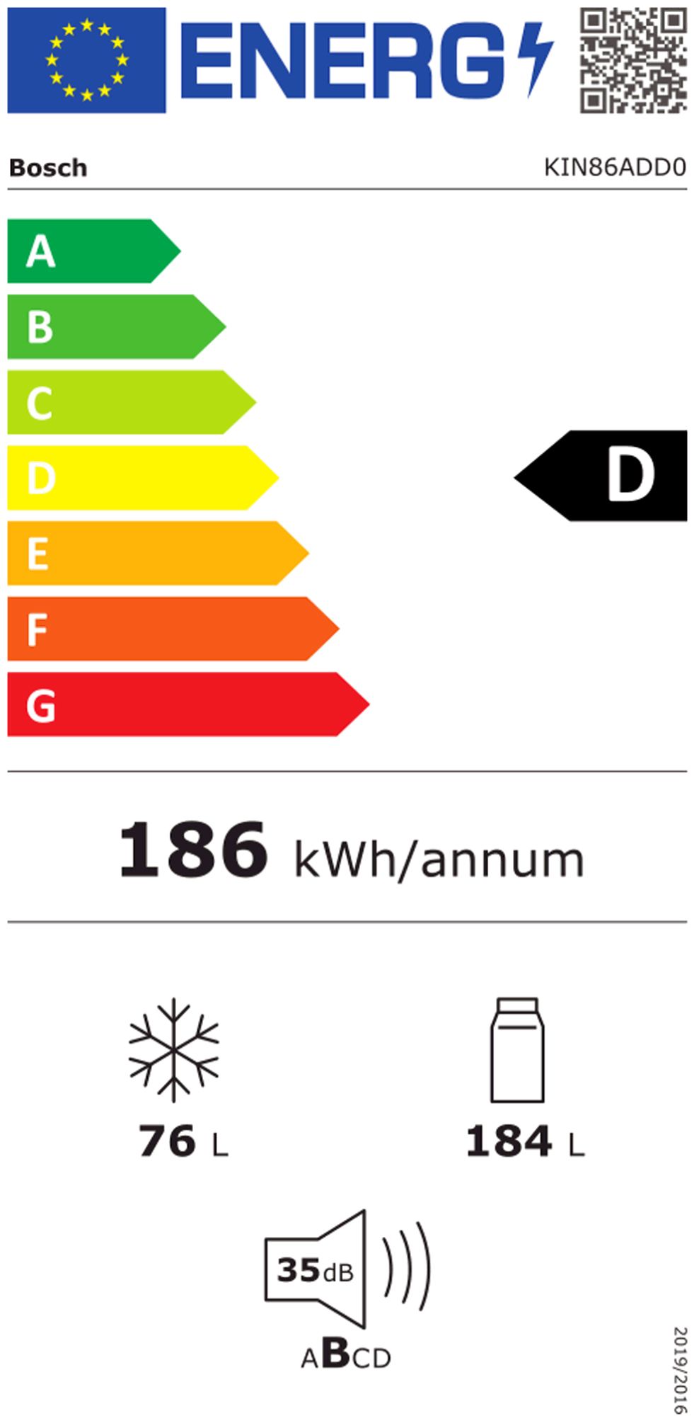 Kühl-/Gefrierkombi EB D ws 184/76l 186kwh 1772x558x548mm NoFrost 0°-Zone