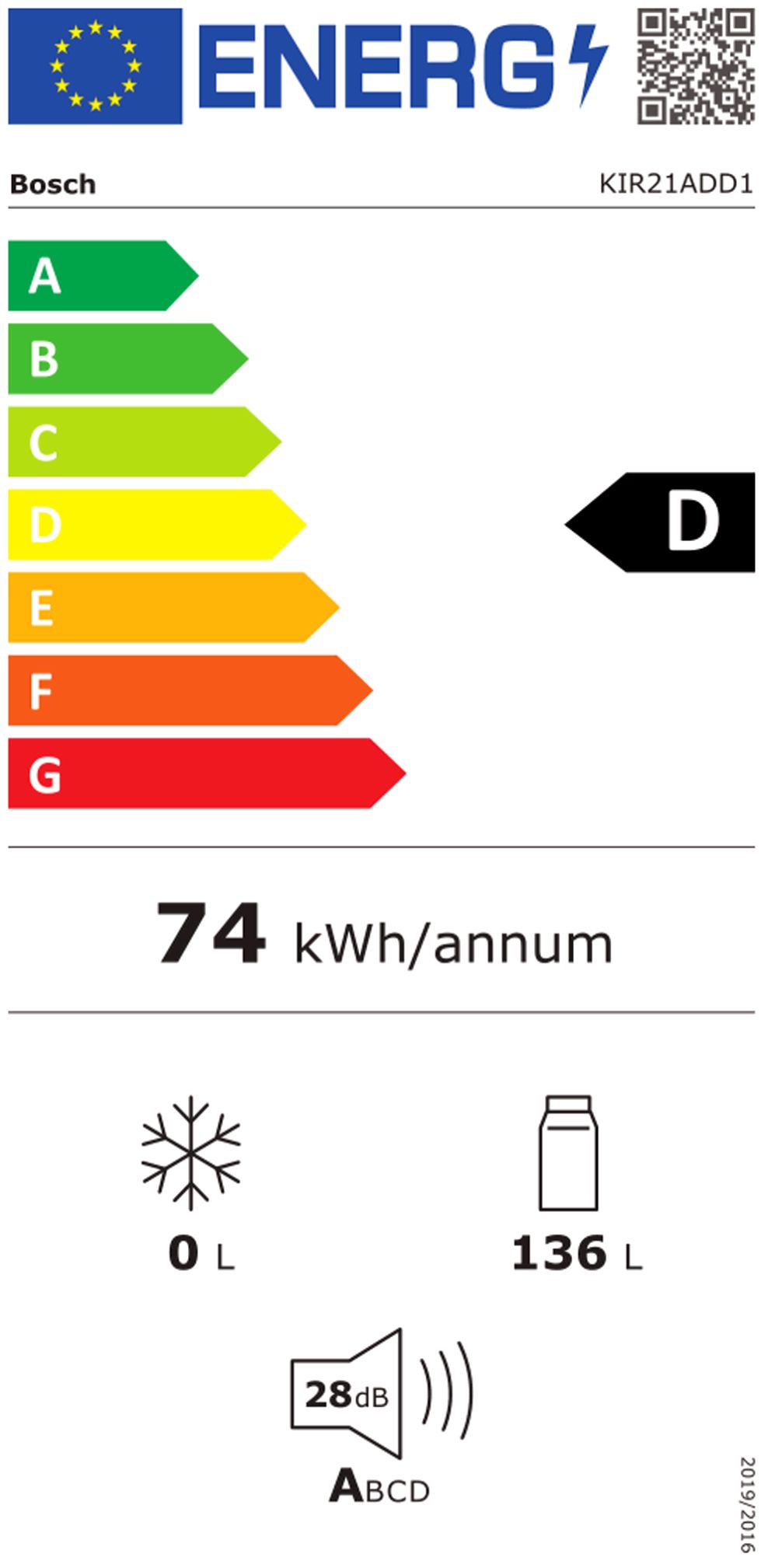 Kühlschrank EB D 136l N880mm integr ws fest 74kwh B558mm H874mm