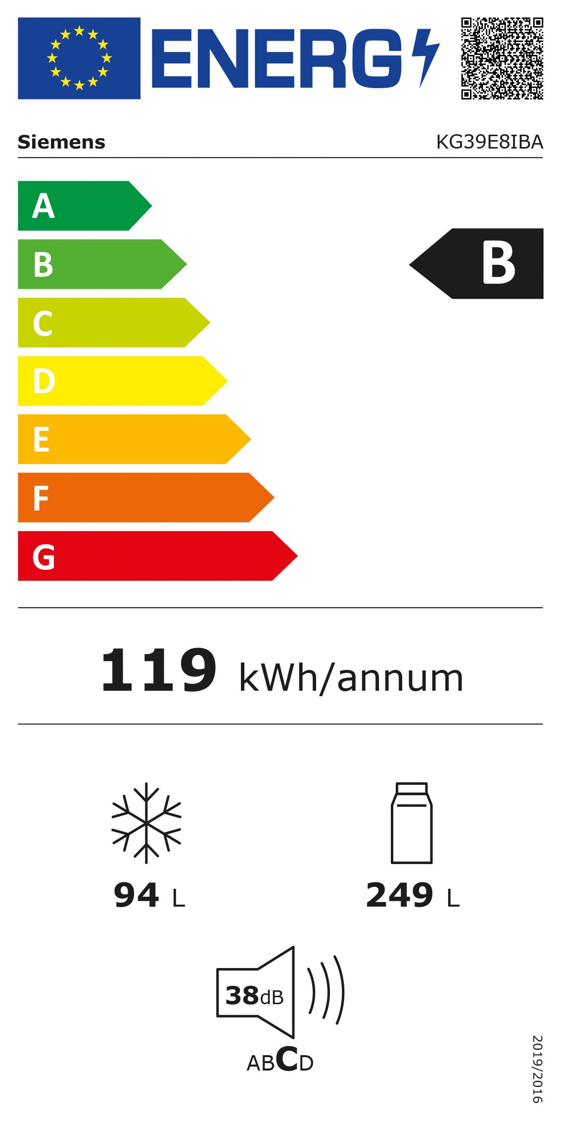 Kühl-/Gefrierkombi Stand B Edst 249/94l 119kwh 2010x600x650mm 0°-Zone