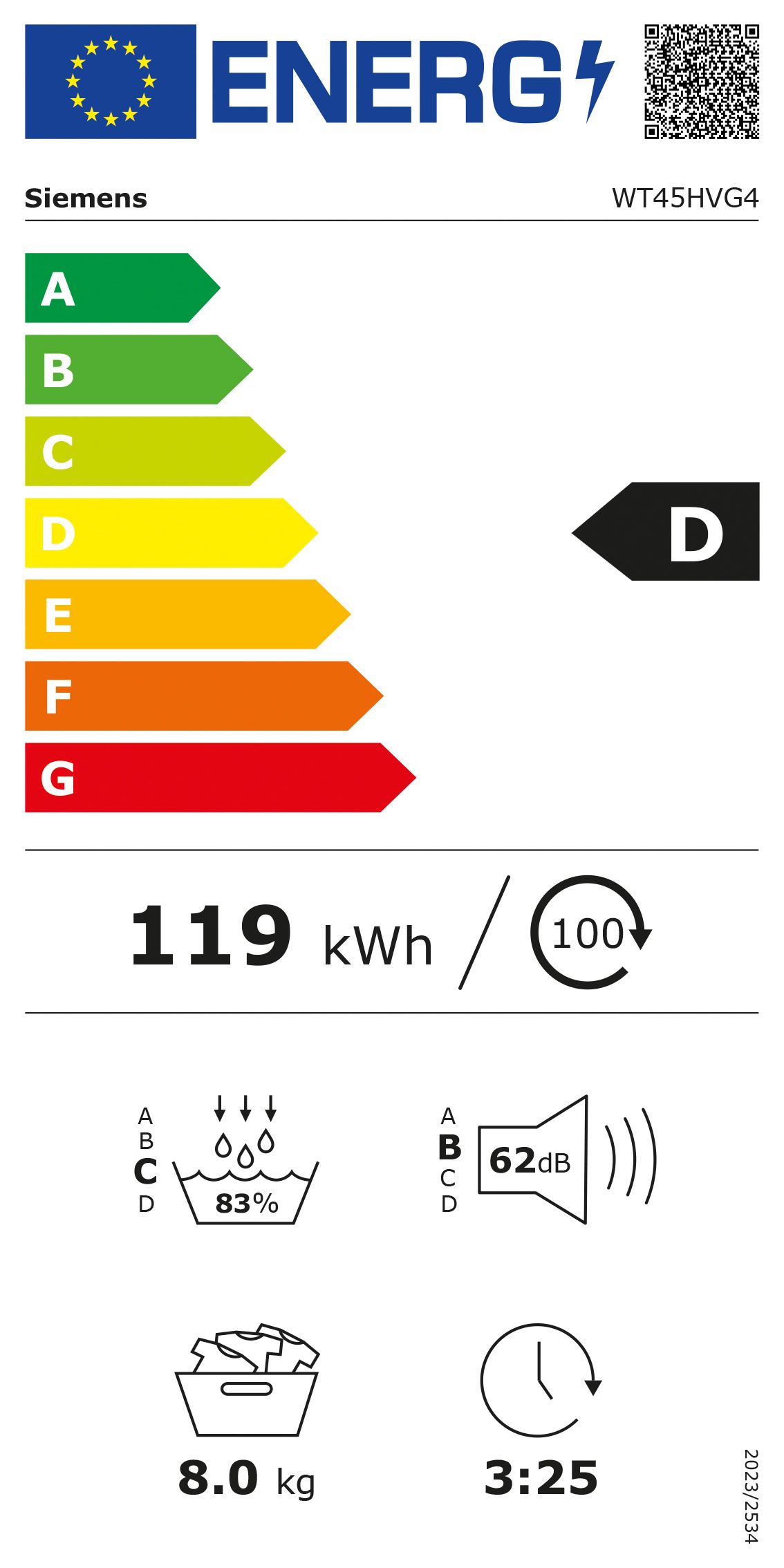 Wärmepumpentrockner D C 8kg ws 63dB re ohne 119kWh Restzeit B598xH842xT613mm
