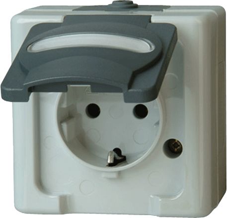 Steckdose 1f gr mt BLUEELECTRIC AP IP44 Klappd Textfeld/Beschriftungsfläche