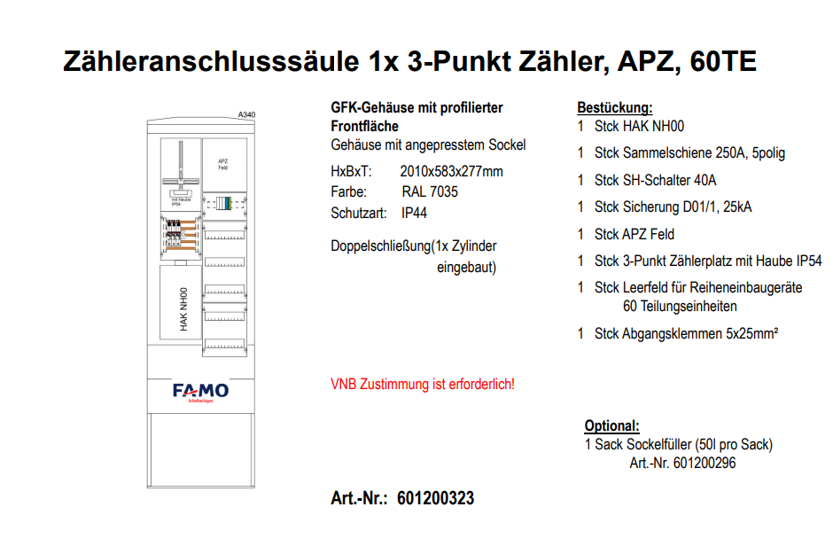 Hausanschlusssäule 1x 3-Punkt Zähler APZ 60TE