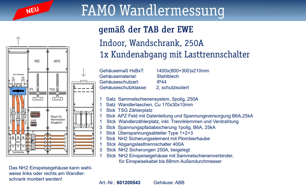 Wandschrank Indoor 1400x(800+300)x210mm Wandlermessung 250A EWE TSG APZ