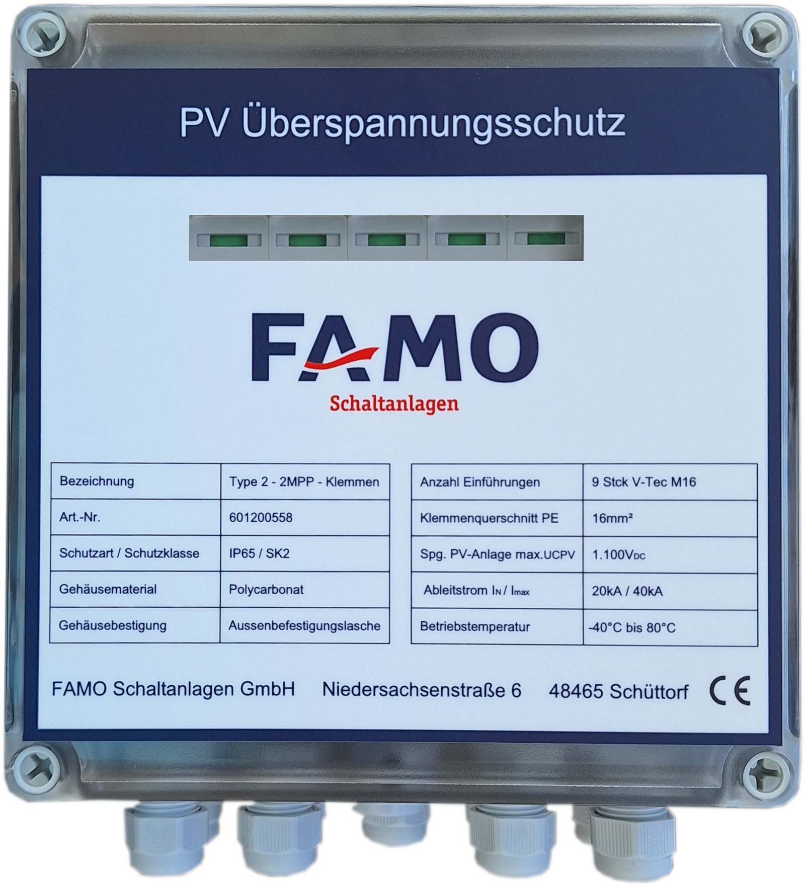 PV Überspannungsschutz 1000V DC Typ2 2x1 String Abgangsklemmen+Verschr.