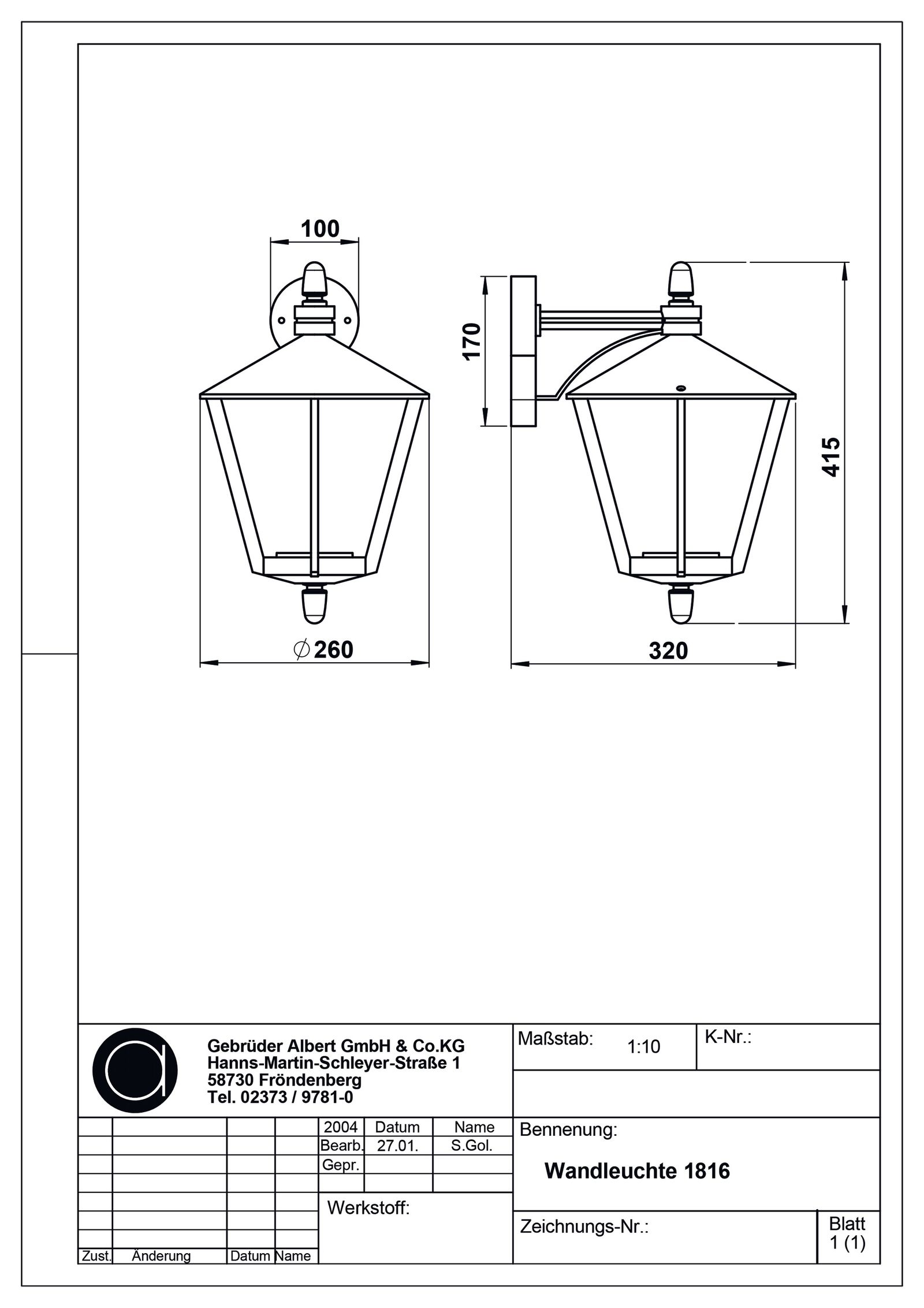 Wandanbauleuchte 75W HV ms IP44 E27 messing Ø260x415mm