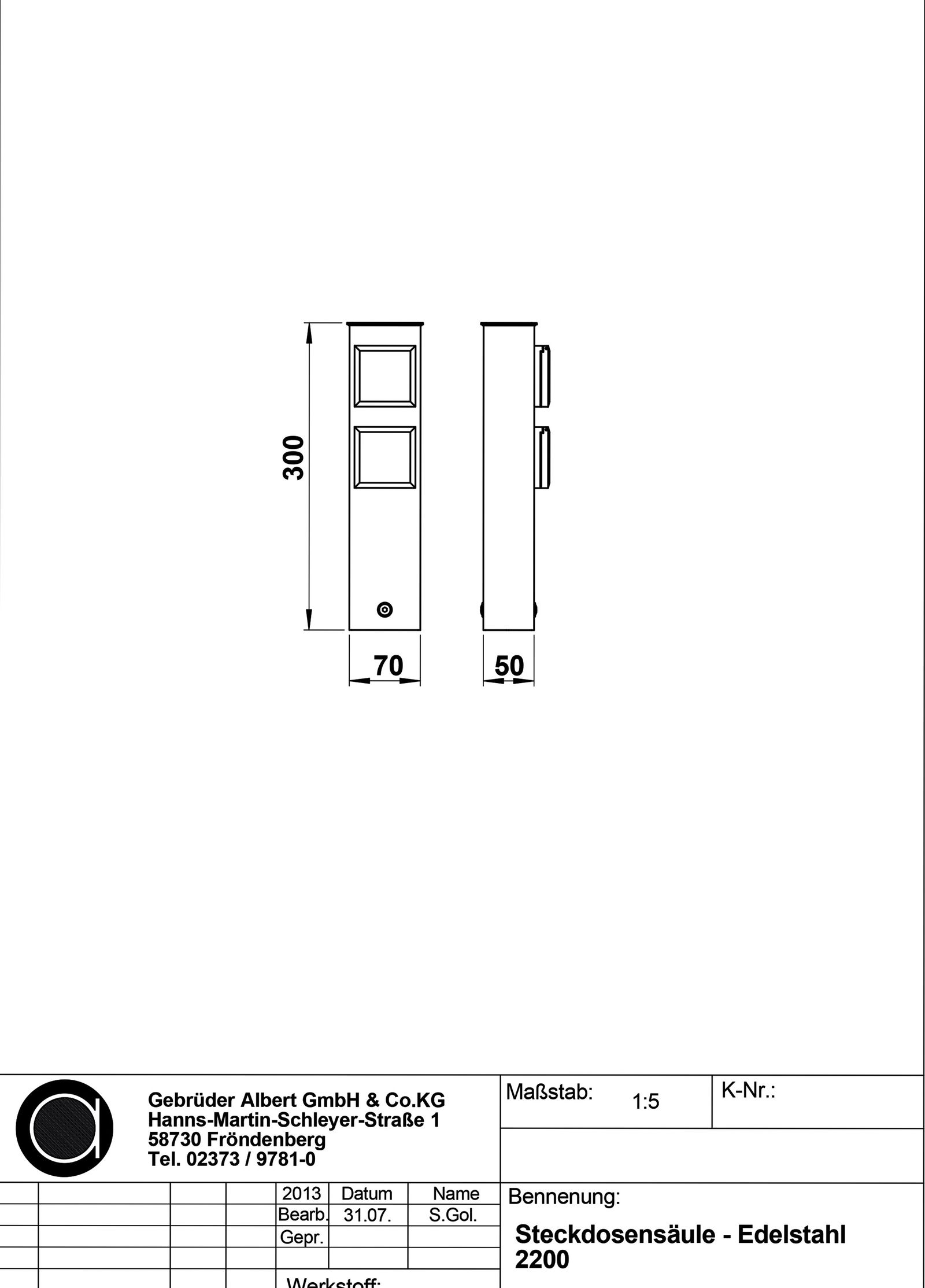 Steckdosensäule Metall ed 2Steckd edst 300x70x50mm IP44