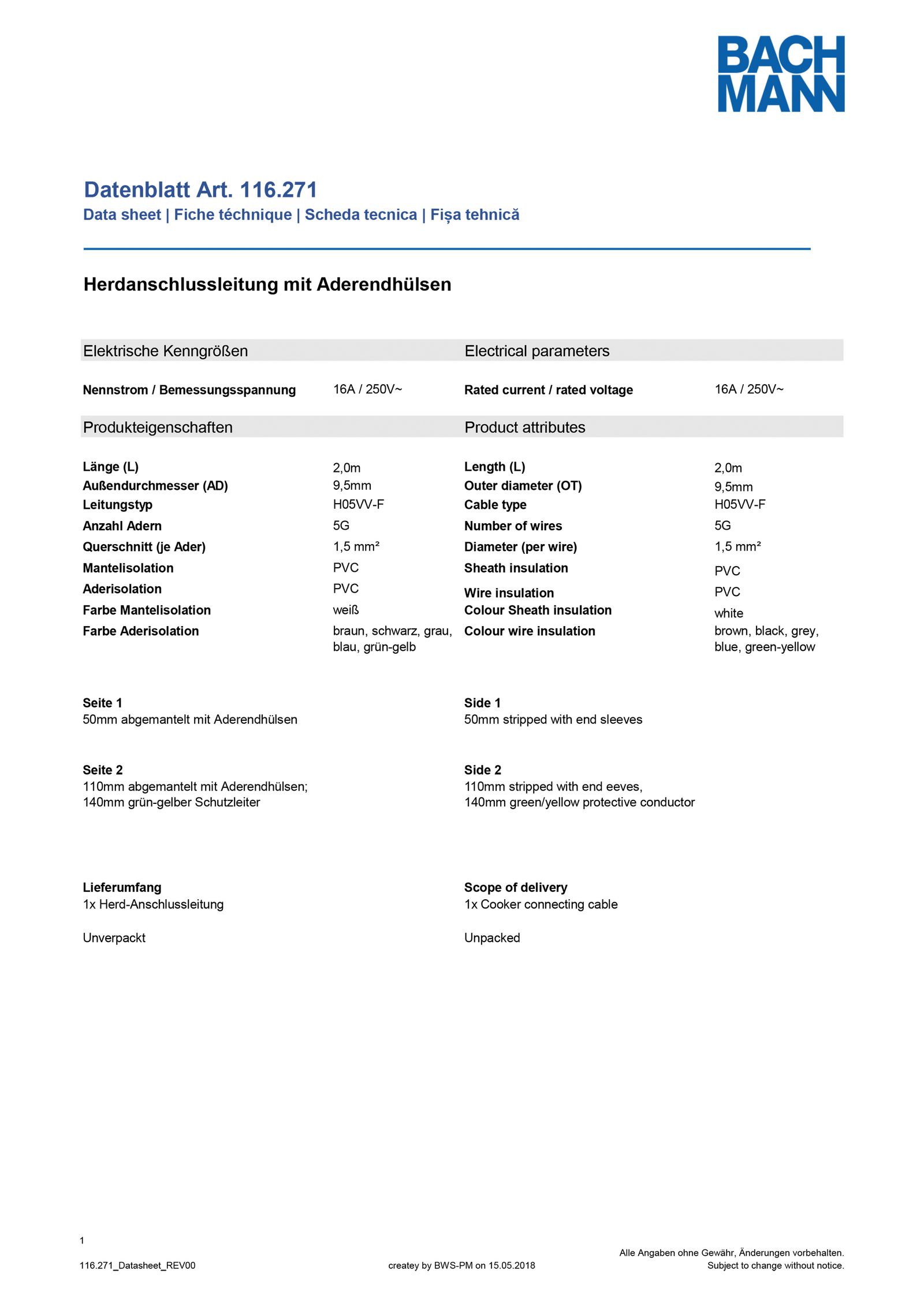 Herdanschlussleitung 2m 5x1,5qmm 16A ws IP20 Aderendh 0-70°C