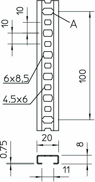 C-Profilschiene ST 2000x20x8mm 11mm D0,75mm Rück_gel