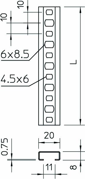 C-Profilschiene ST 2000x20x8mm 11mm D0,75mm Rück_gel