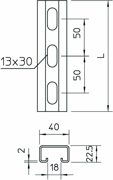 C-Profilschiene ST 2000x40x22,5mm 18mm D2mm Rück_gel f.Funktionserh