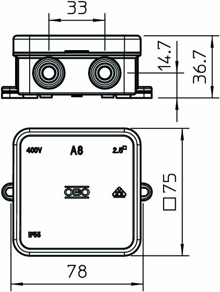 Abzweigdose IP55 2,5qmm 75x75x36,2mm lgr Kst Wand/Decke hfr