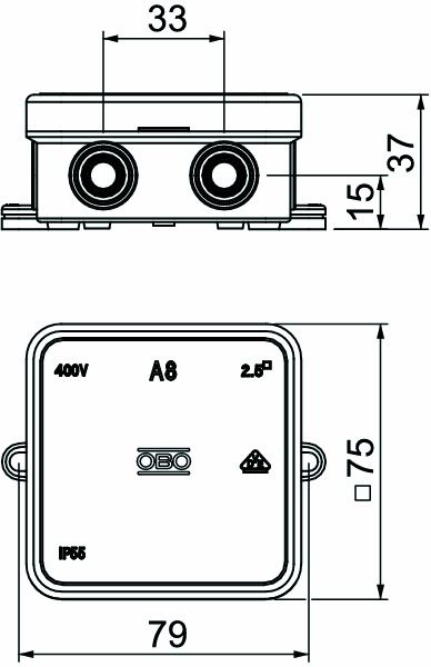 Abzweigdose IP55 2,5qmm 75x75x36,2mm lgr Kst Klemm Wand/Decke hfr