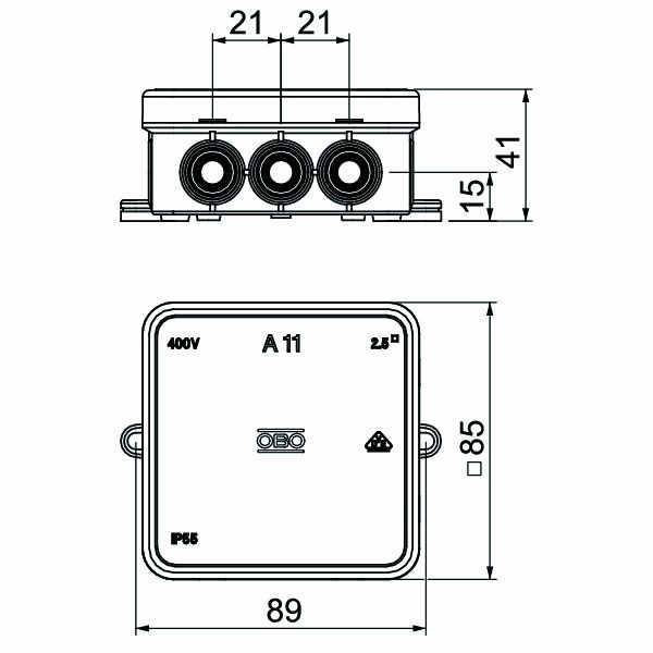 Abzweigdose IP55 2,5qmm 85x85x40mm lgr Kst Klemm Wand/Decke hfr