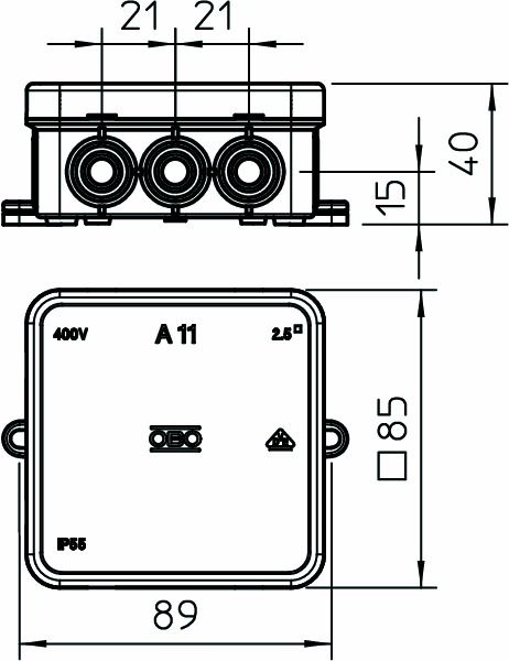 Abzweigdose IP55 2,5qmm 85x85x40mm lgr Kst Wand/Decke hfr