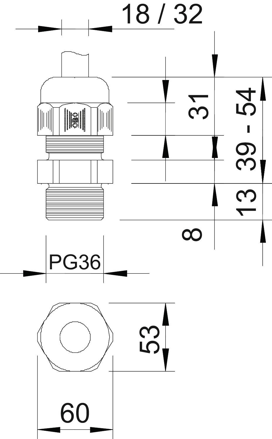 Kabelverschraubung PG36 V-TEC PA gr IP68 unbeh 13mm Polyamid (PA) ger