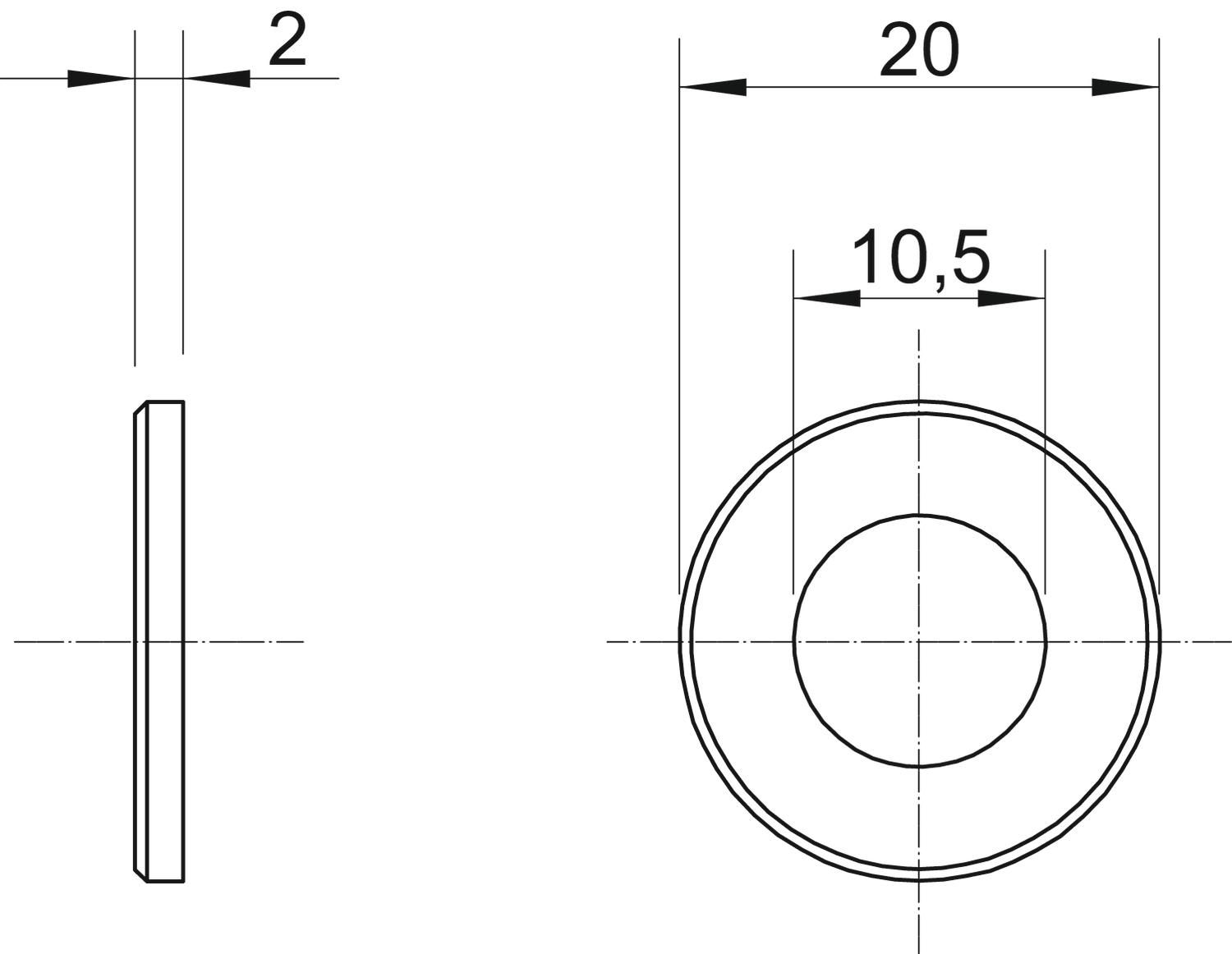 Unterlegscheibe M10 Ø20/10,5mm 2mm g/vz