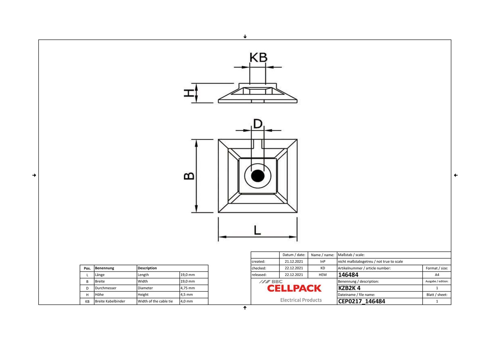Befestigungssockel Kst natur 4mm Ø3,2mm 20x20x5,3mm PA kleben/schrauben -40-80°C