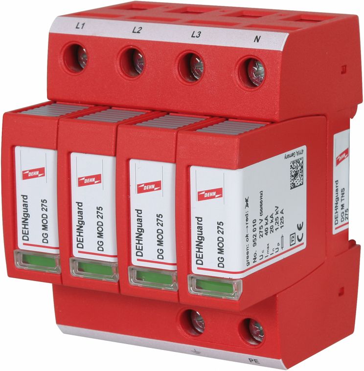 Überspannungsableiter Netzform-TN-S 4TE 230VAC 1,5kV Hutschiene TH35 20kA opt