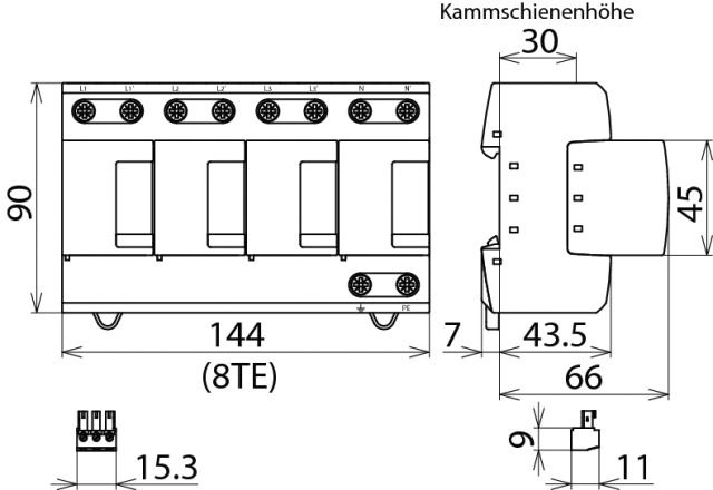 Kombi-Ableiter TS35 4p TN-S 230VAC 1,5kV Hutschiene TH35 Netzform TN-S 8TE opt