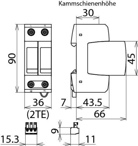 Überspannungsableiter TNNetzform- 230VAC 1,5kV Netzform-TN m.Fernmeldekont 2TE