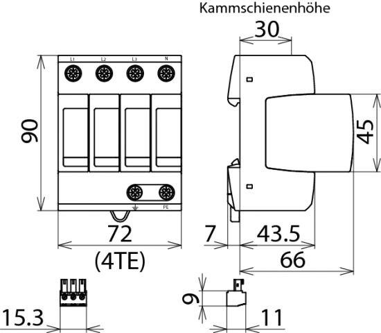 Überspannungsableiter Netzform-TN-S 4TE 230VAC 1,5kV m.Fernmeldekont 20kA opt
