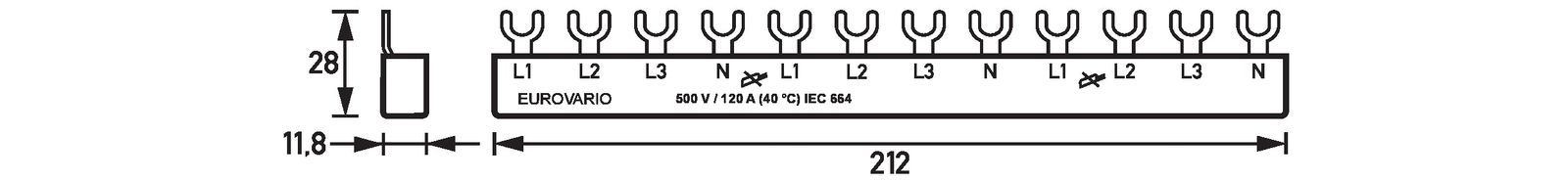 Phasenschiene 4ph 17,5mm Eurovario 212mm 10qmm 120A Gabel Isoliert