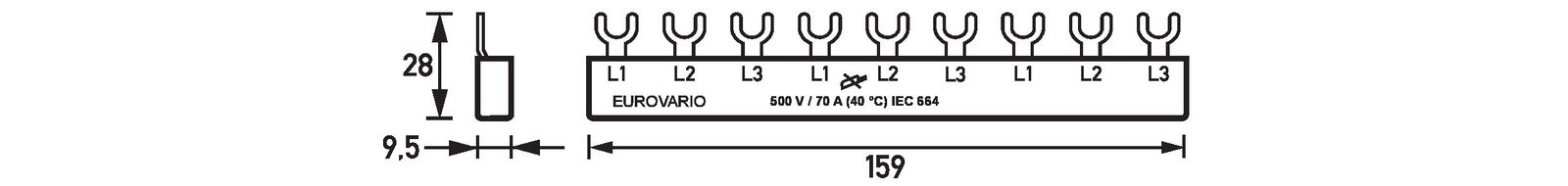 Phasenschiene 3ph 17,5mm Eurovario 159mm 10qmm 120A Gabel Isoliert