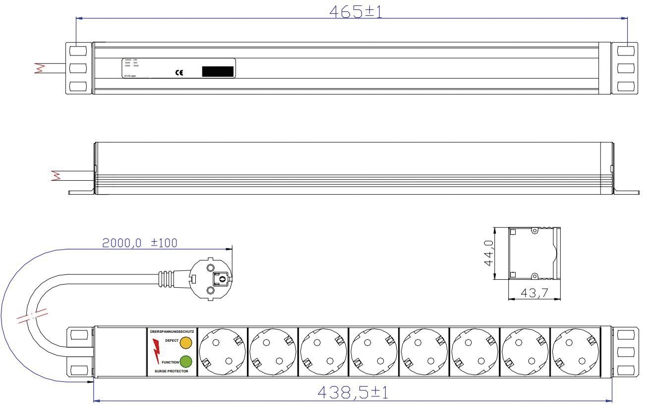 Steckdosenleiste 19 ÜSS 1HE 8Steckd 230V LED Rack-Stromverteilung m.LED-Anz