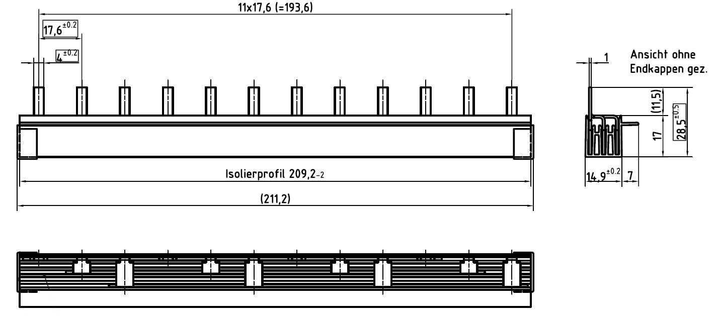 Phasenschiene 3ph 17,6mm 210mm 10qmm 63A Stift Isoliert