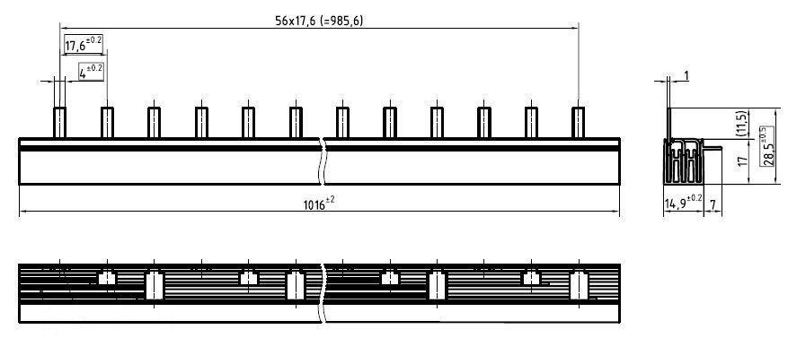 Phasenschiene 3ph 17,6mm 1000mm 10qmm 63A Stift Isoliert