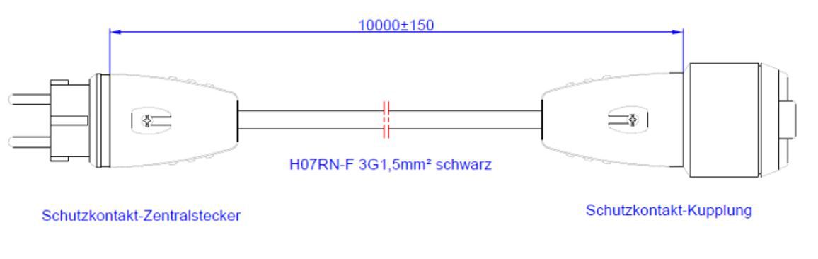 Netzanschlussleitung 10m 3x1,5qmm 16A sw IP44 Schutzkontaktkupplung (Typ F) Gummi
