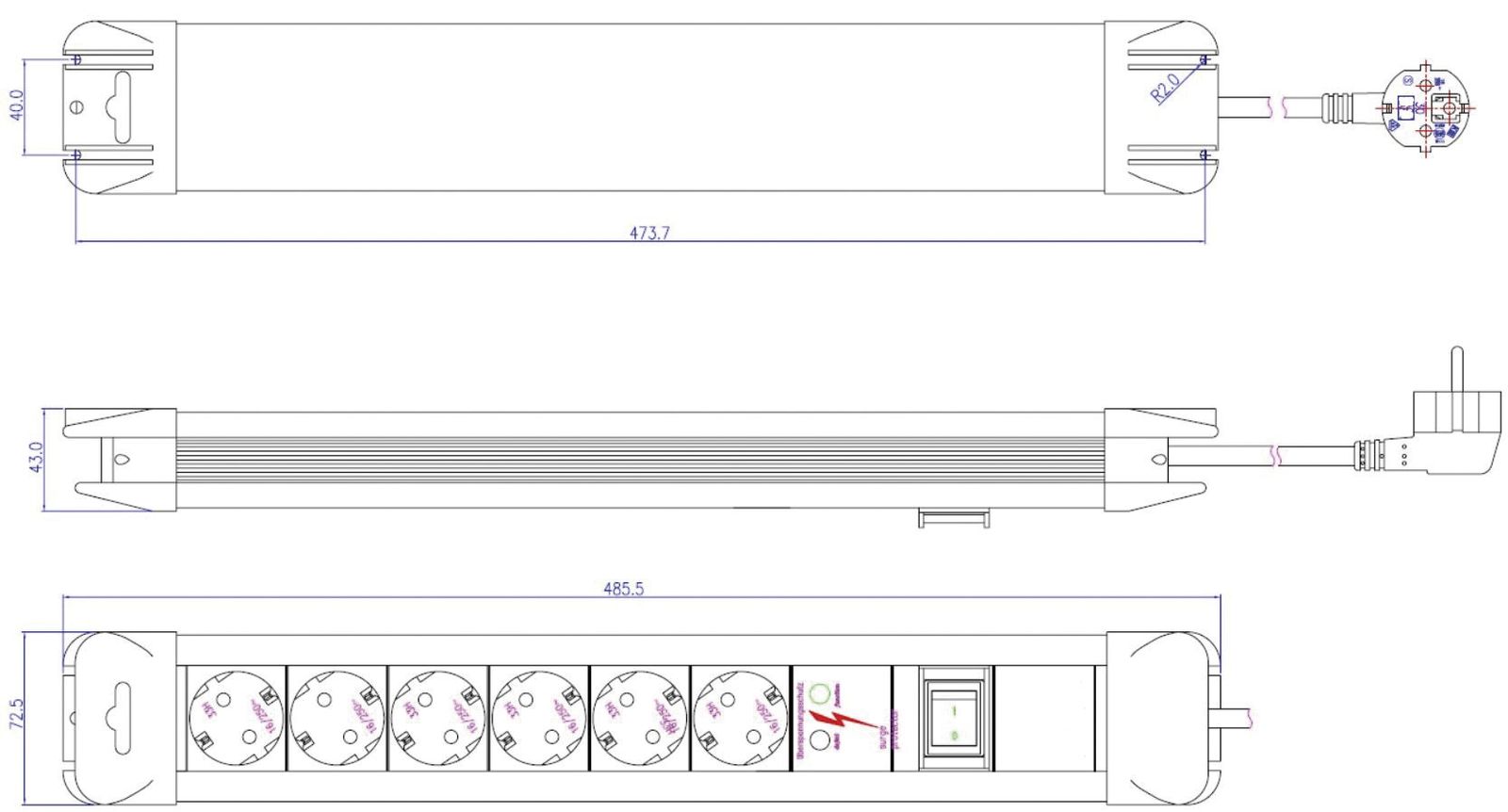 Steckdosenleiste 6f sw m.Ein/Aus 2m 35° IP20 Überspannungss 1,5qmm