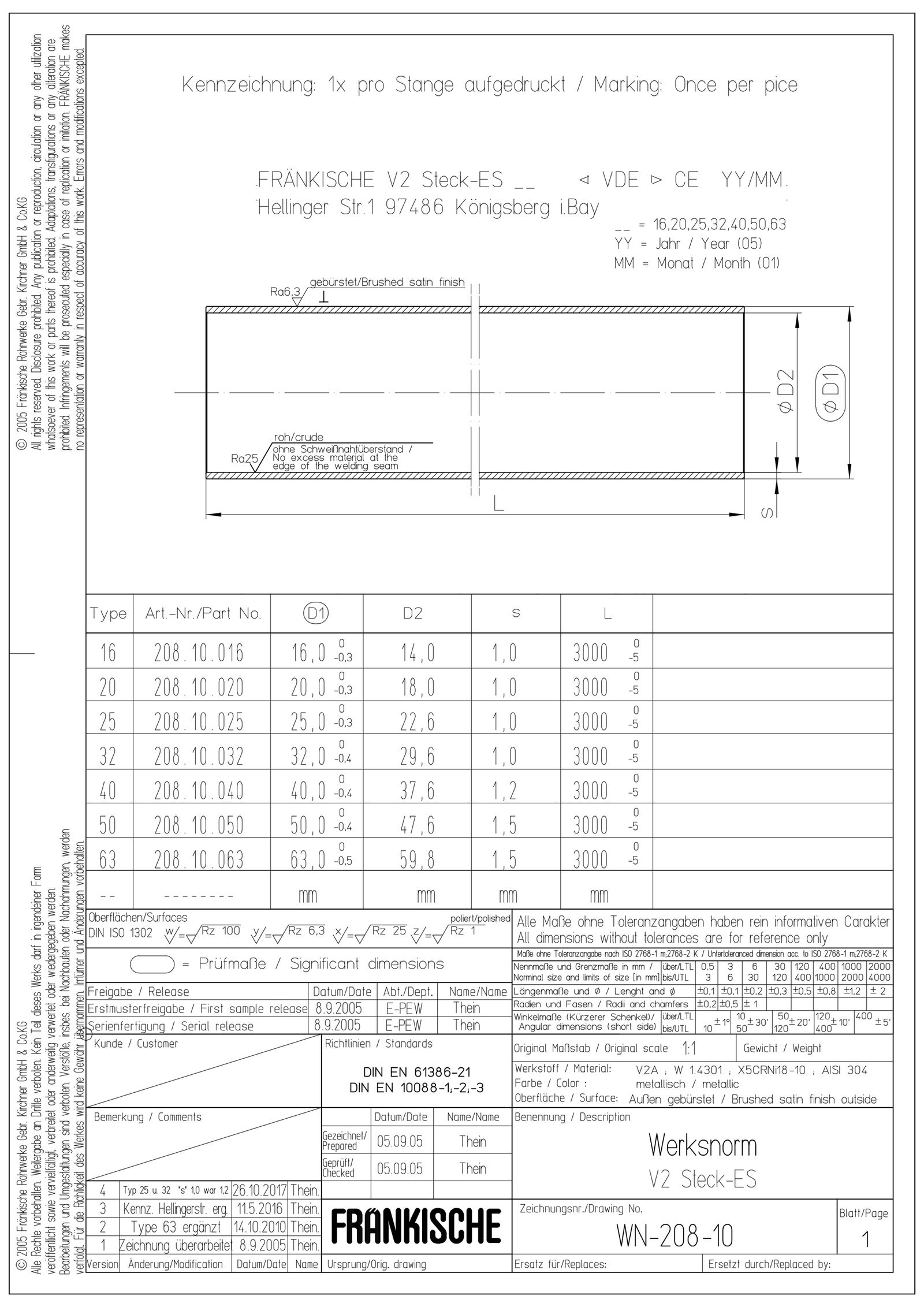 Stahl-Steckrohr VA Ø25mm starr unbeh 5Kl Oberfläche gebürstet Edst -45-400°C