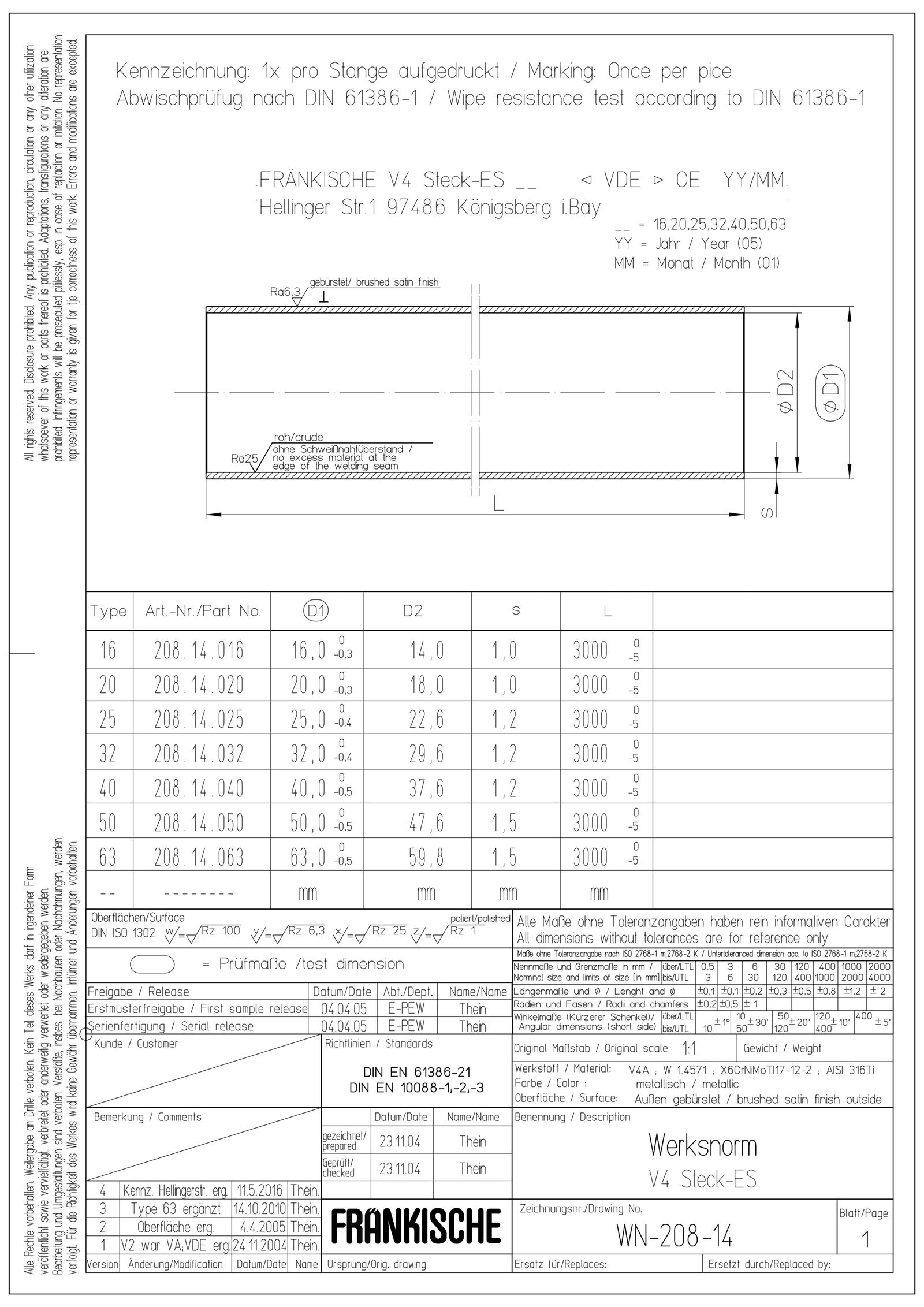 Stahl-Steckrohr VA Ø16mm starr unbeh 5Kl Oberfläche gebürstet Edst -45-400°C