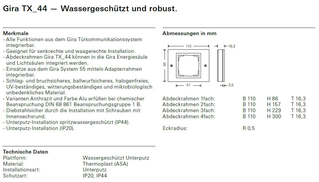 Rahmen 3f alu TX_44 Kst Unterputzmontage Thermopl