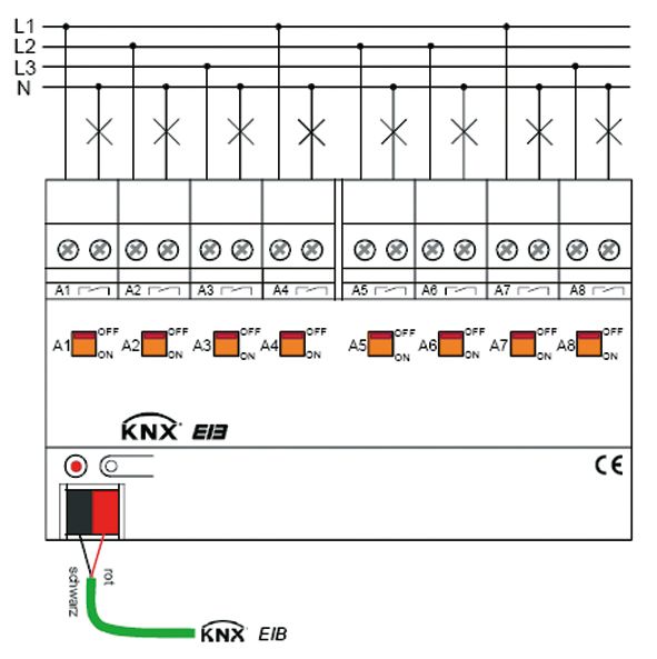 Schaltaktor KNX REG 4TE 4f 16A 3600W 230-400V Vor Ort-/Handbedienung