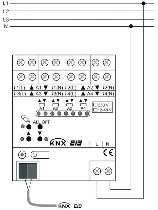 Jalousieaktor KNX REG 4f 1Eing Handbedien Vor Ort-/Handbedienung