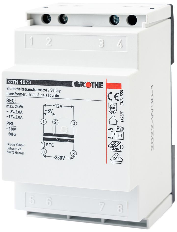 Sicherheitstrafo 230V 8/12V 2/2A REG 3TE f.Reiheneinb Kurzschlusssicher