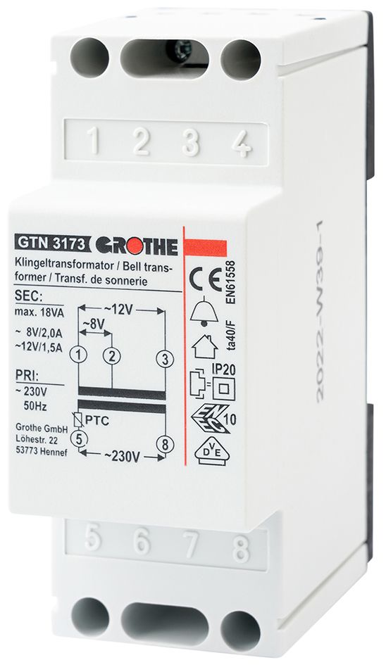 Klingeltransformator 230V 8V 1A REG 2TE f.Reiheneinb Kurzschlusssicher