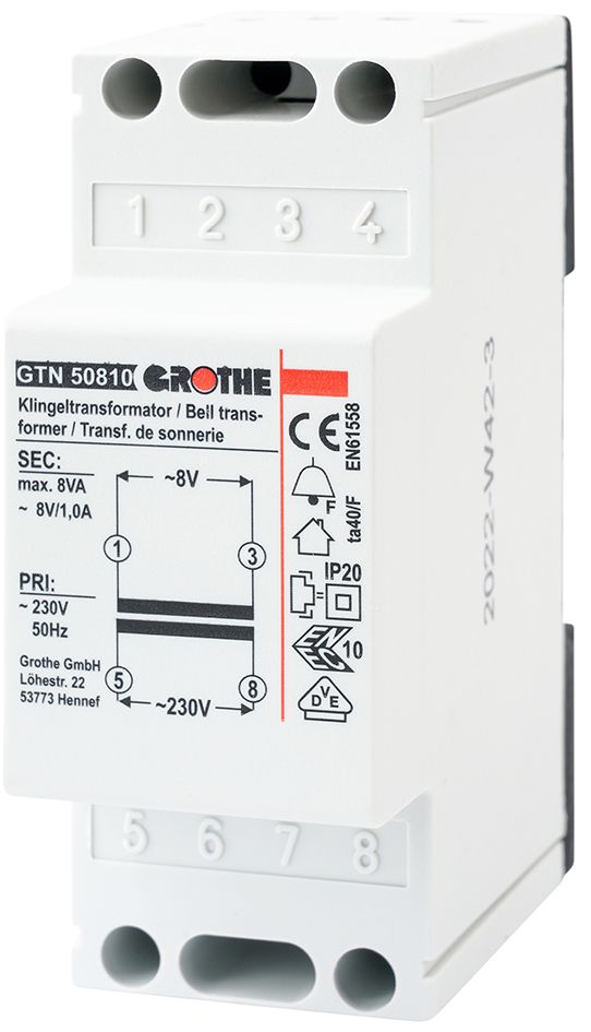 Klingeltransformator 230V 8V 1A REG 2TE f.Reiheneinb Kurzschlusssicher