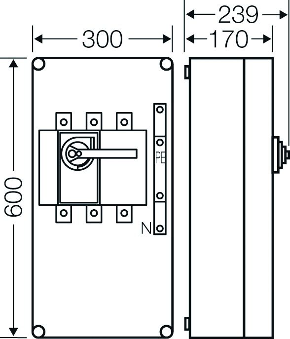 Lasttrenngehäuse 400A 500V 300x239x600mm IP65
