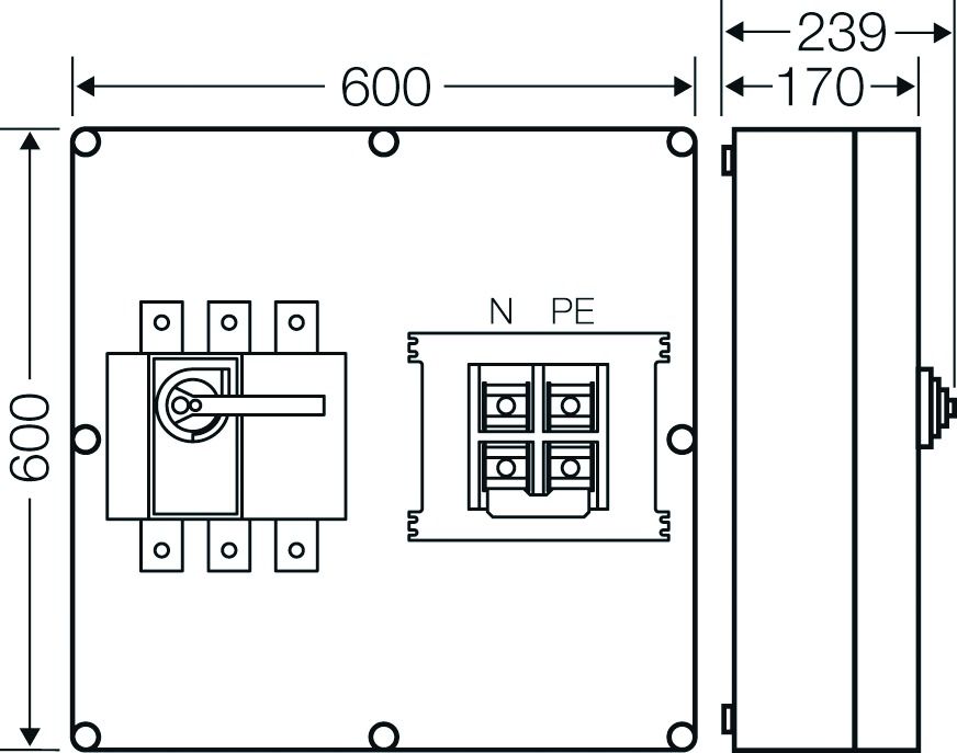 Lasttrenngehäuse 630A 500V 600x239x600mm IP65