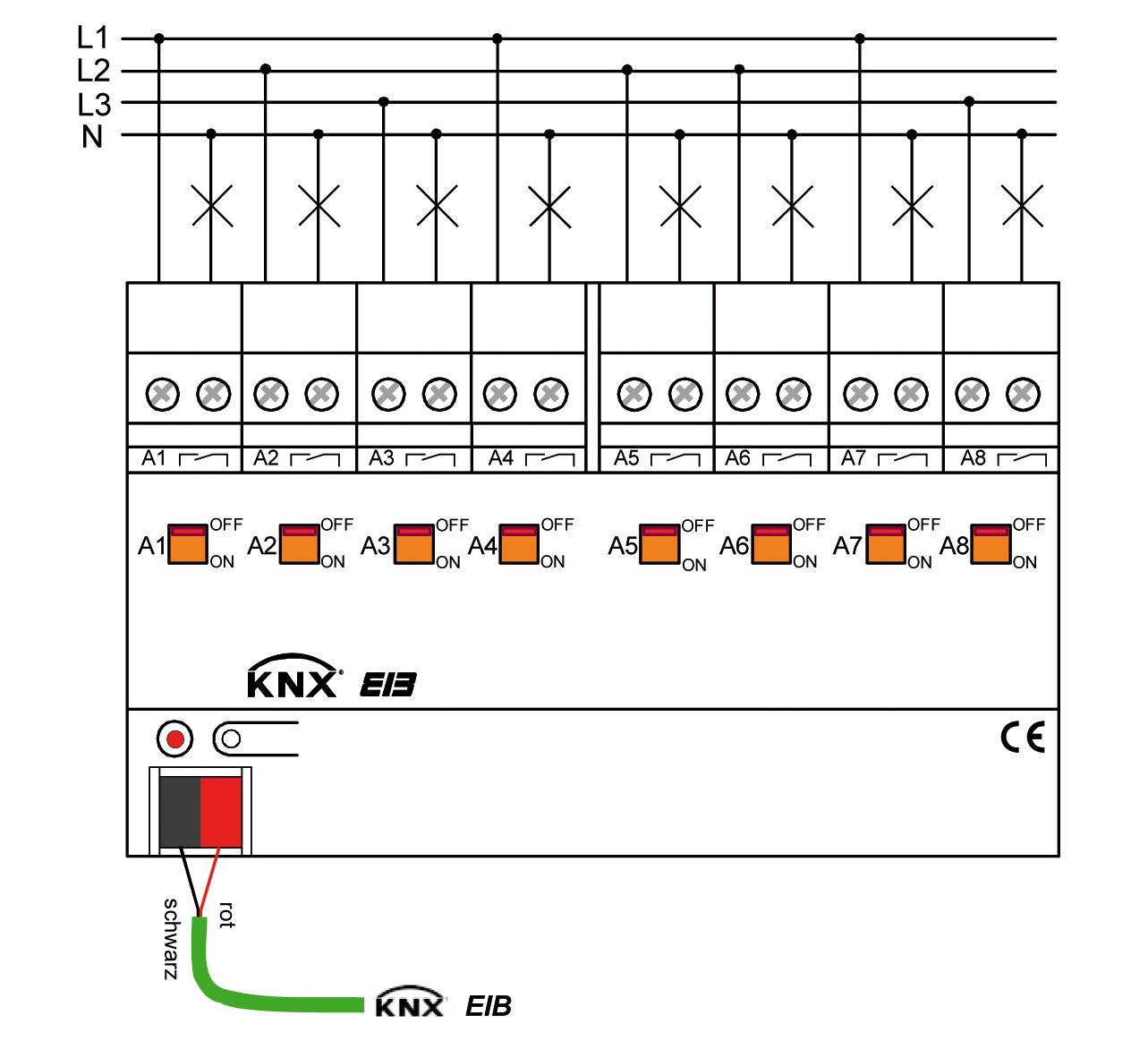 Schaltaktor KNX REG 8TE 8f 16A 3680W 21-32V Vor Ort-/Handbedienung