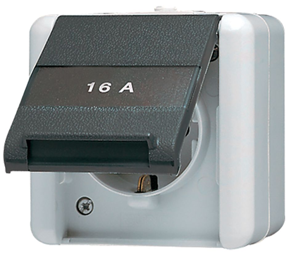 Steckdose 1f gr glz WG 800 AP Klappd IP44 Textfeld/Beschriftungsfläche vert