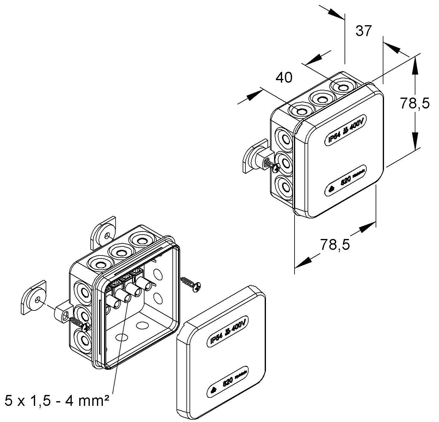 Abzweigdose IP44 2,5qmm 78x78x28mm lgr Kst uni Klemm hfr